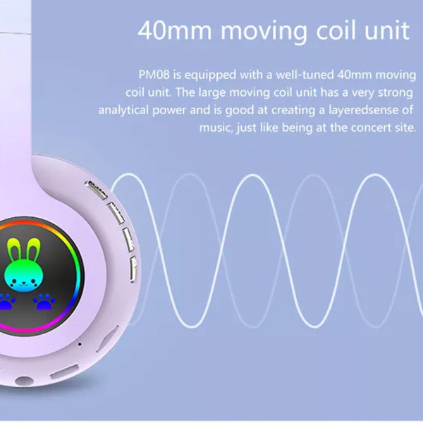 Безжични слушалки ХИТ МОДЕЛ 2022 заешки уши - светещи Rabbit Headphones PM-08 PURPLE